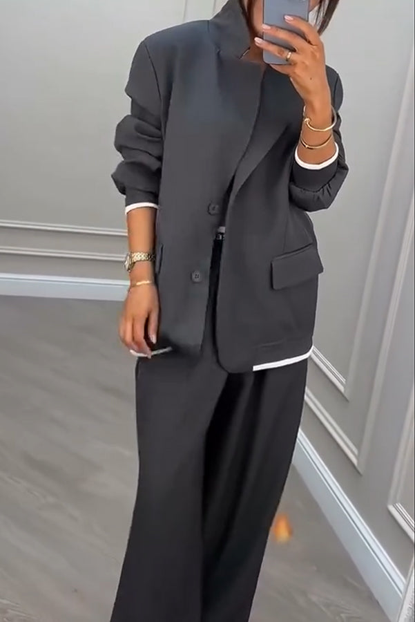 Fashion Sports Style Ribbed Colorblock Lapel Blazer and Elastic Waist Pocket Loose Pants Set