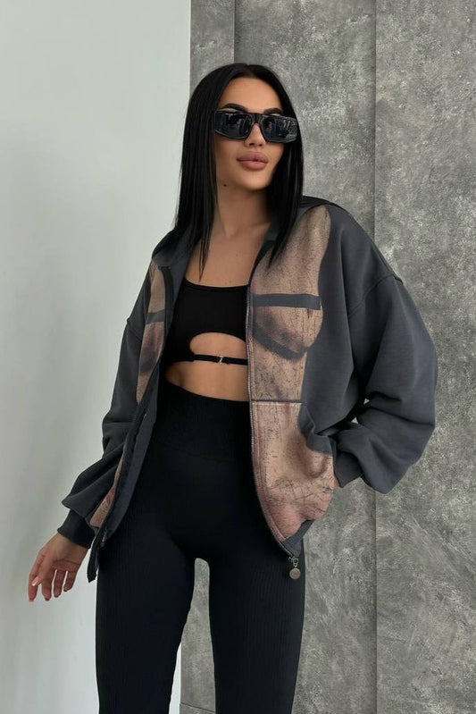 Bad Girl Style Nude Print Zipped Hoodie