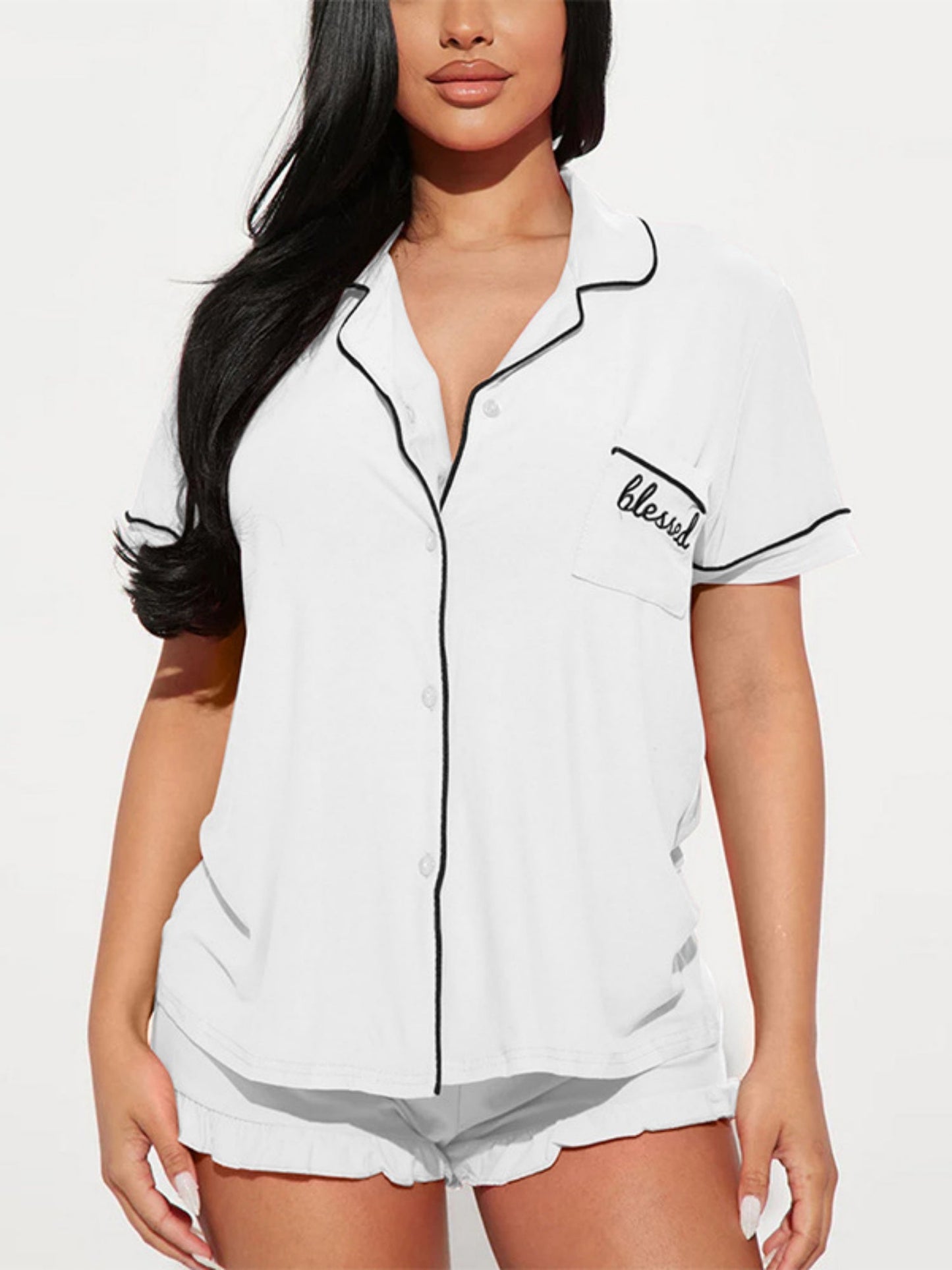 Collared Short-sleeved Shirt Lace-trimmed Shorts Two-piece Loungewear Set