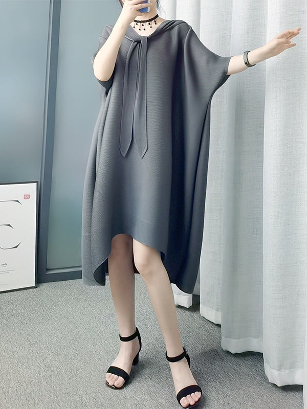 Batwing Sleeves Loose Lace-Up Pleated Hooded Midi Dresses