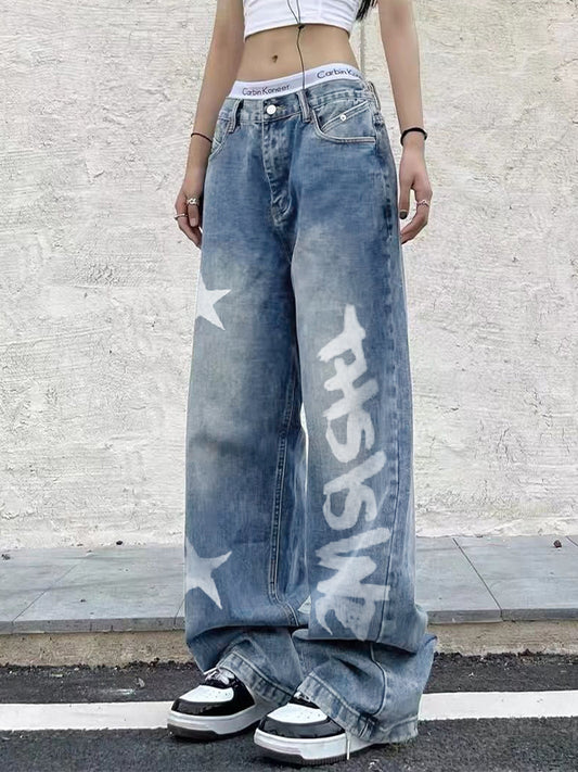 Washed Star Letter Print Boyfriend Jeans