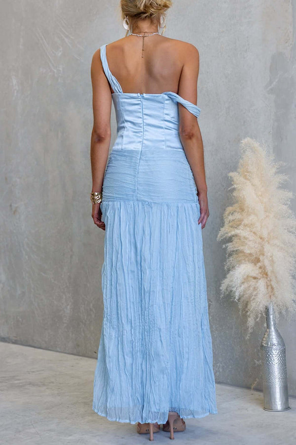 Zariyah Satin Bodice Asymmetric Neck Tie-up Waist Chiffon Hem Maxi Dress