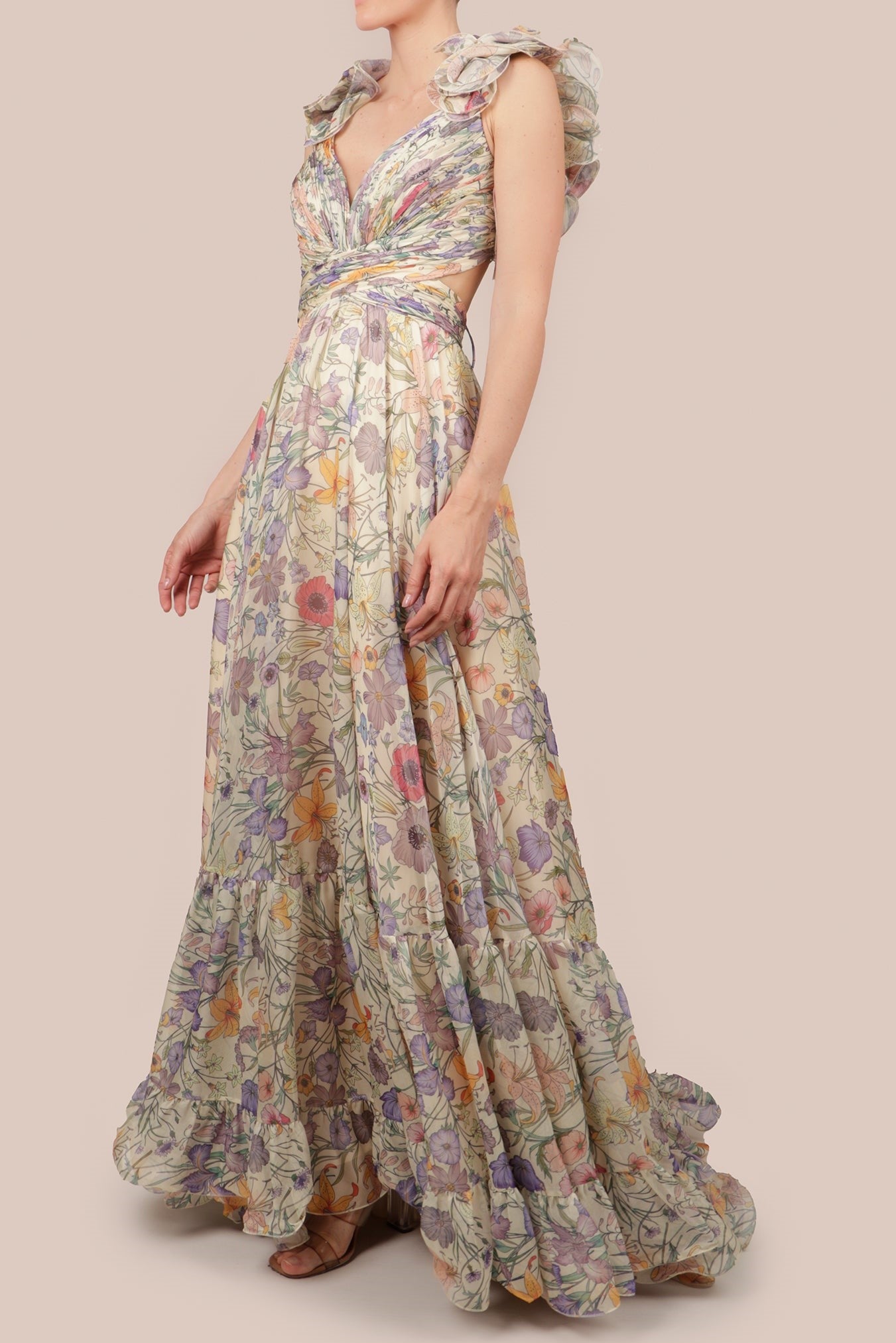 Floral Pleated Backless Lace Up Maxi Dress