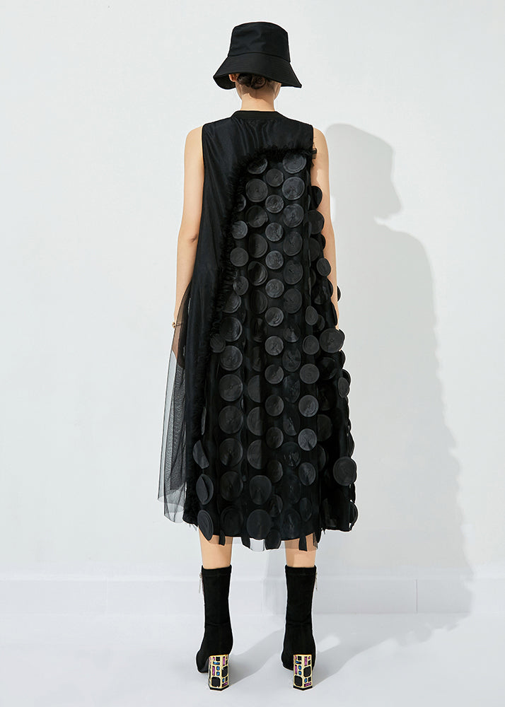Bohemian Black Asymmetrica Patchwork Wrinkled Tulle Maxi Dress Sleeveless