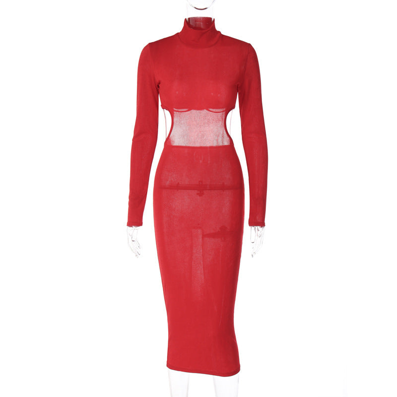 Women Clothing Spring Long Sleeve Turtleneck Midi Dress Waist Baring Slim Fit Elegant Dress for Women