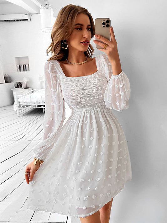 Mini Dresses White Long Sleeves Pleated Short Dress