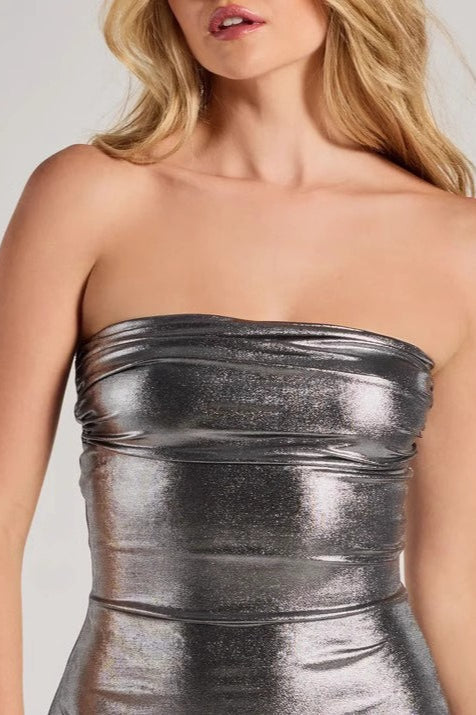 Strapless Ruched Bust Metallic Liquid Foil Fit and Flare Mini Dress