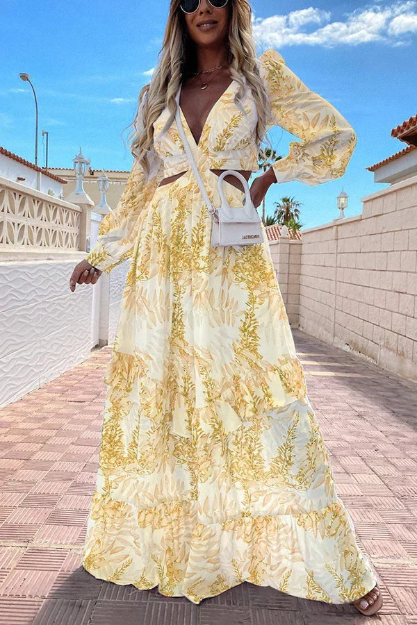 Botanical Leaf Print Deep V-Neck Side Cutout Puff Sleeve Tiered Maxi Dress