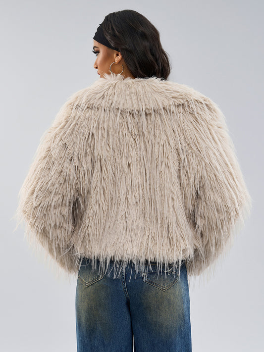 Faux Fur Coats Apricot Long Sleeves Faux Fur Jacket Winter Coat