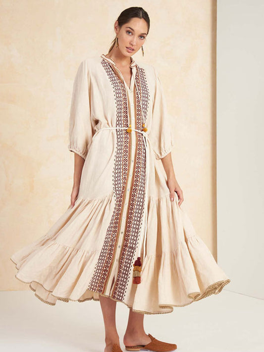 Boho Dress V-Neck 3/4 Length Sleeves Light Apricot Embroidered Bohemian Gypsy Beach Vacation Spring Summer Midi Dress For Women