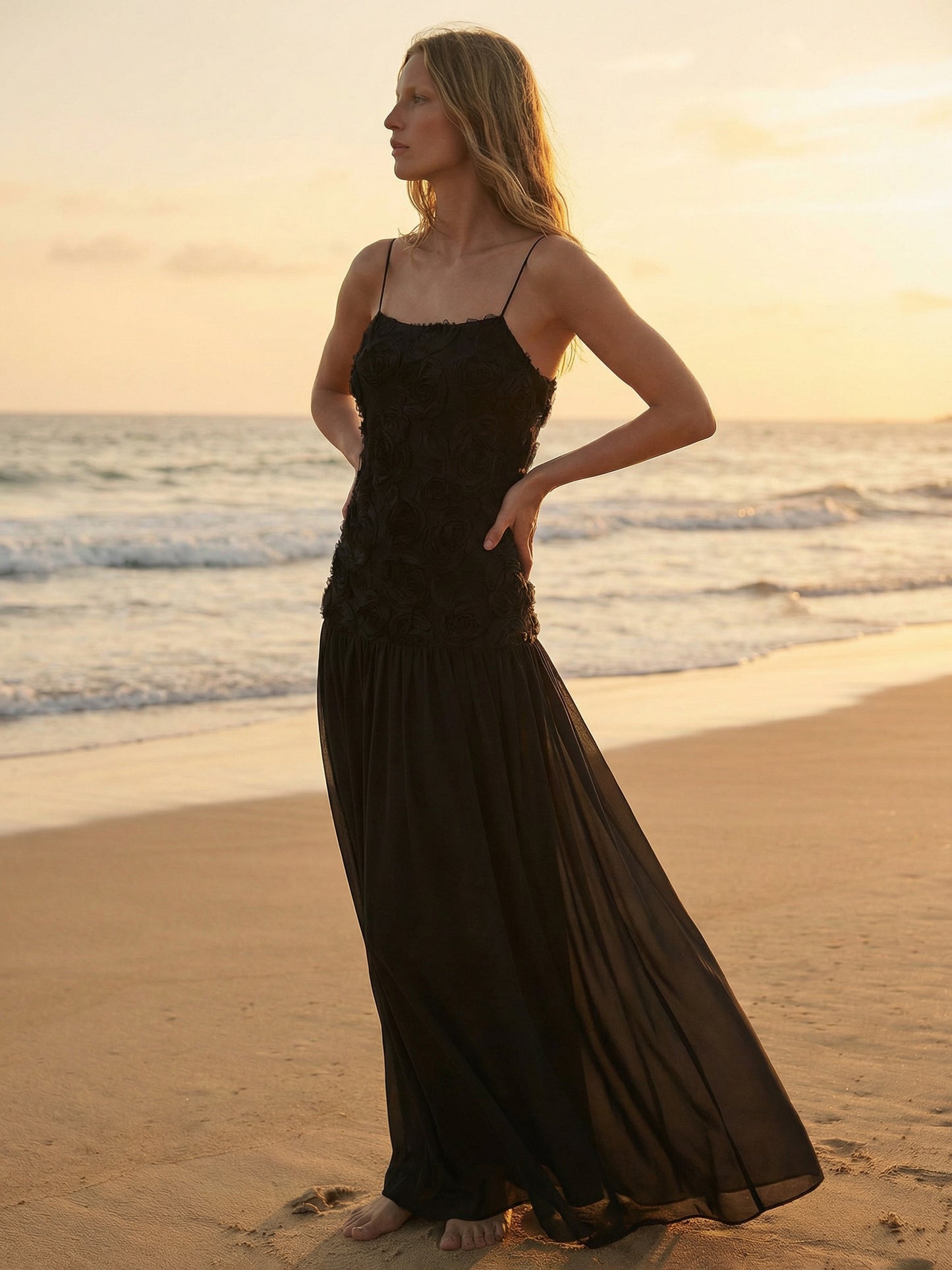 3D Floral Cami Maxi Dress for Women - Boho Rosette Bodice Flowy Spaghetti Strap Gown - Summer Beach Resort 2026