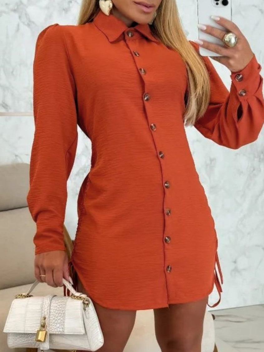 Long-sleeved Solid Color Short Dress With Drawstring Buttons On Both Sides