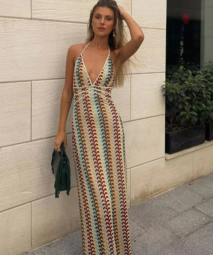 Sleeveless Halter Backless Midi Dress