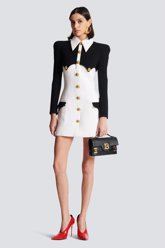 Contrast Color Metal Button Long Sleeve Mini Dress
