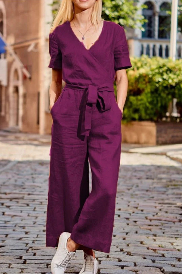 SHORT SLEEVE SOLID COLOR LACE-UP V NECK SOFT ROMPER JUMPSUIT