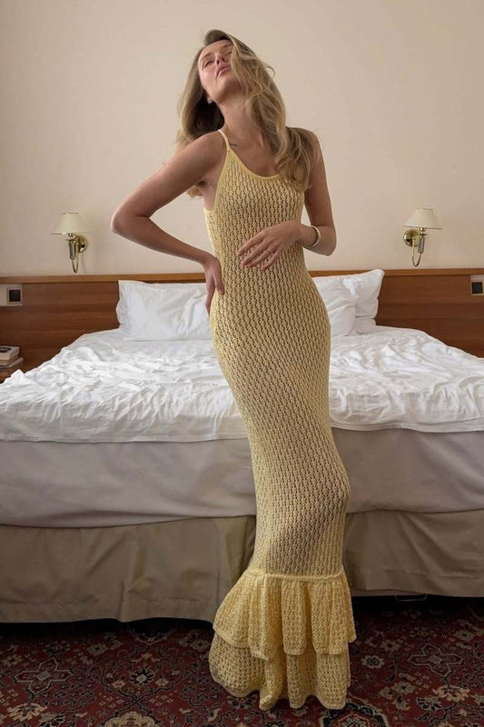 | Ruffle Knit Cutout Sheer Cami Maxi Dress