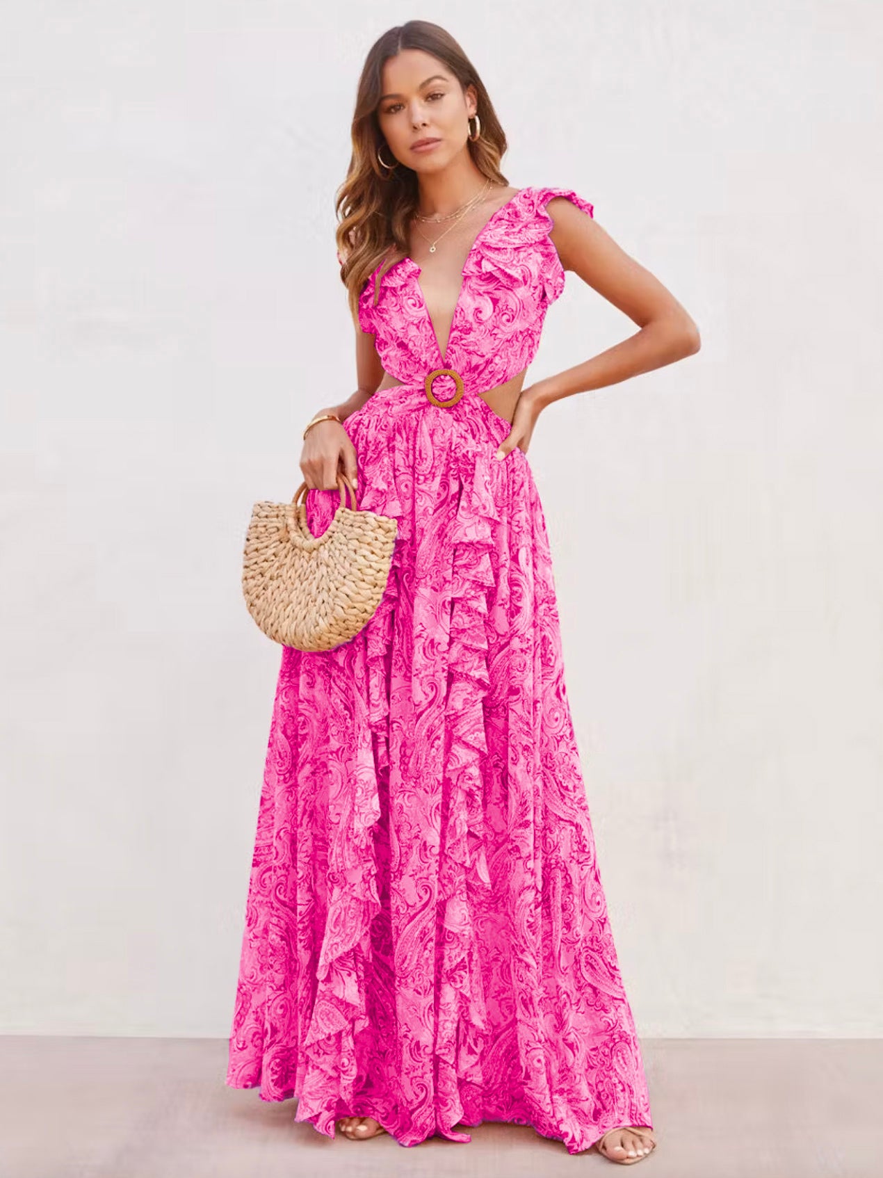 Floral Maxi Dresses Layered Ruffles V-Neck Sleeveless Backless Front Slit Sexy Summer Long Dresses
