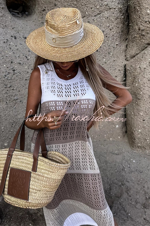 Alive and Free Knit Colorblock Hollow Out Slit Beach Midi Dress