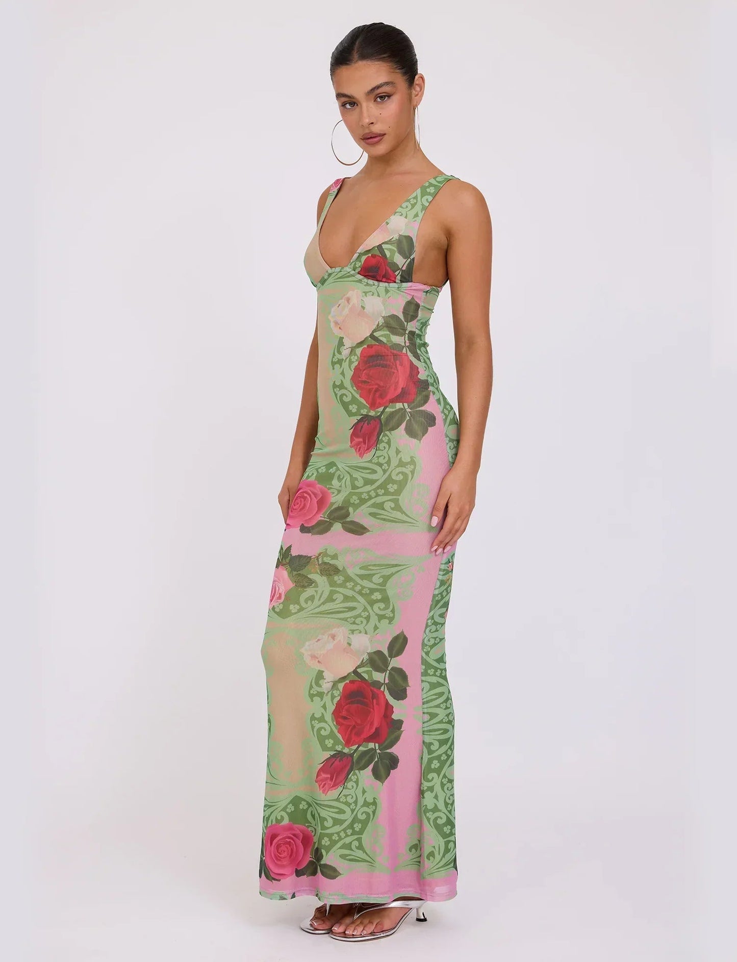 Printed V-neck Slim Fit Maxi Dress