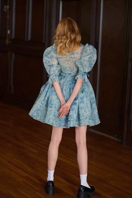 Floral Puff Sleeve Lace Up Doll Collar Mini Dress