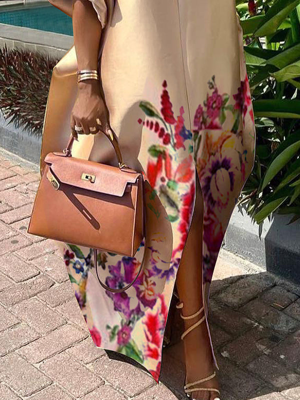 A-Line Half Sleeves Elasticity Flower Print Split-Front V-Neck Maxi Dresses