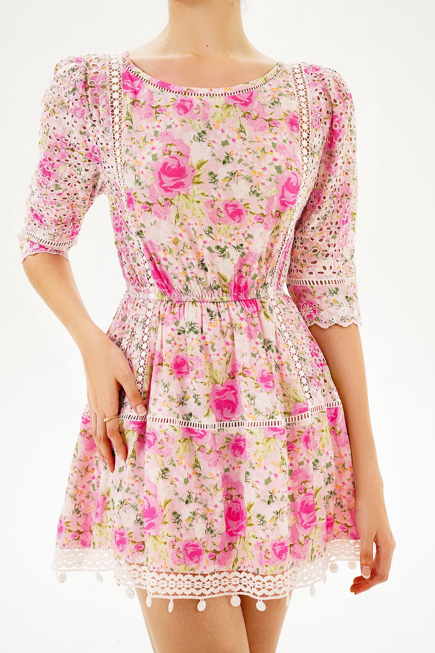 Floral Puff Sleeve Lace Trim Ruffle Mini Dress