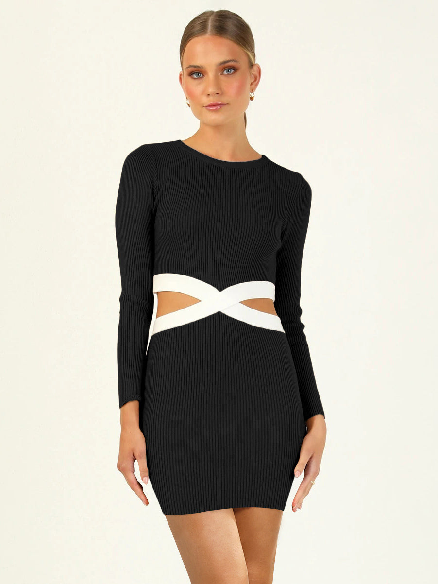 Two-Tone Knitted Dress Cutout Round Neck Long Sleeves Casual Mini Dresses