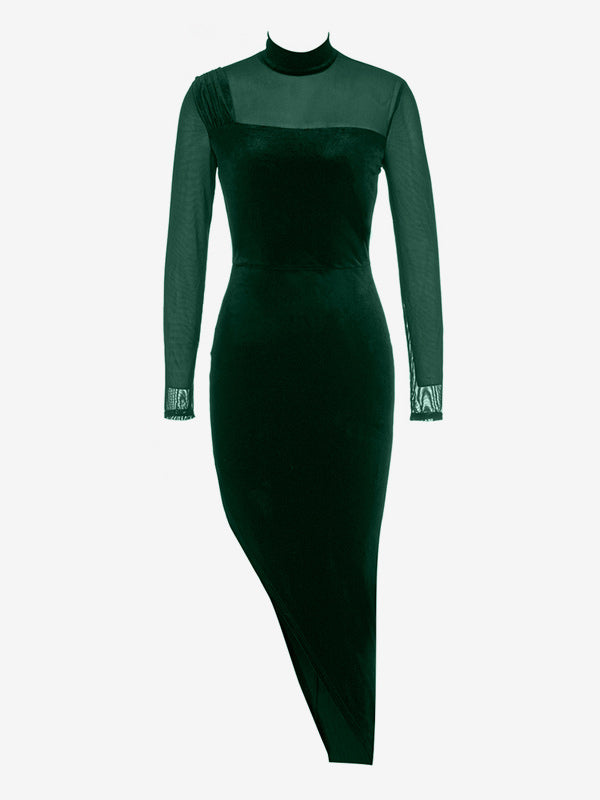 Velvet Dress Dark Green Split Front Stand Collar Long Sleeves Summer Sexy Backless Midi Dress