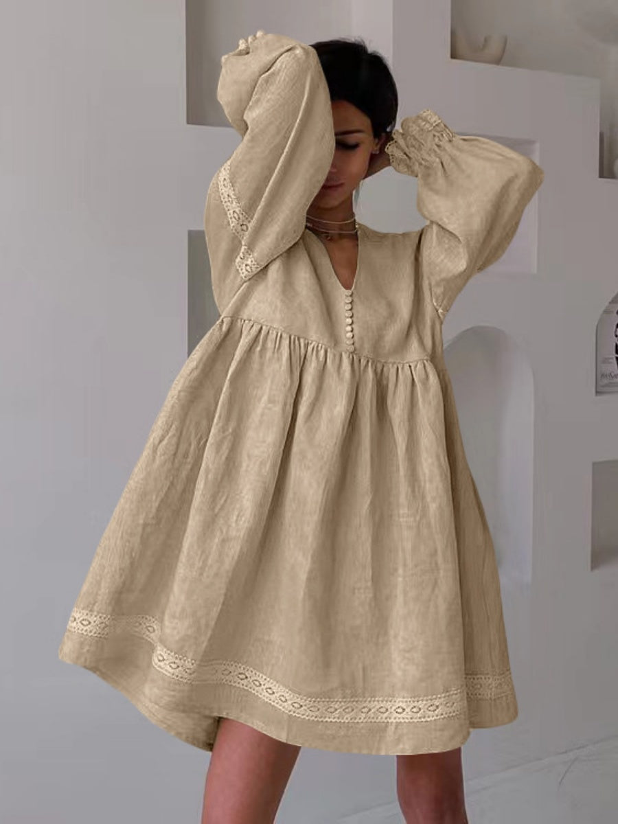 Cotton Blend Temperament V-neck Long Sleeve Loose-fit Home Vacation Mini&Short Dresses