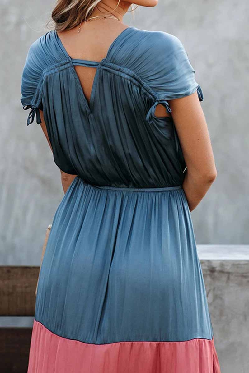 Wrap-Front V-Neck Tie Shoulder Tiered Colorblock Satin Maxi Dress