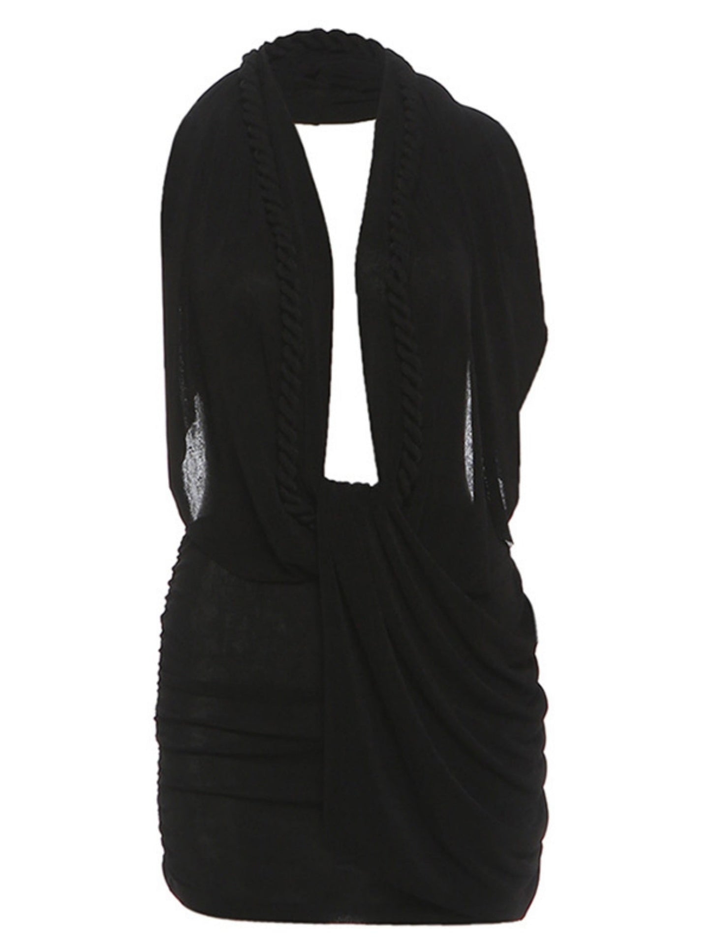 Pleated Deep V Halter Neck Exposed Backpack Buttocks Mini&Short Dresses