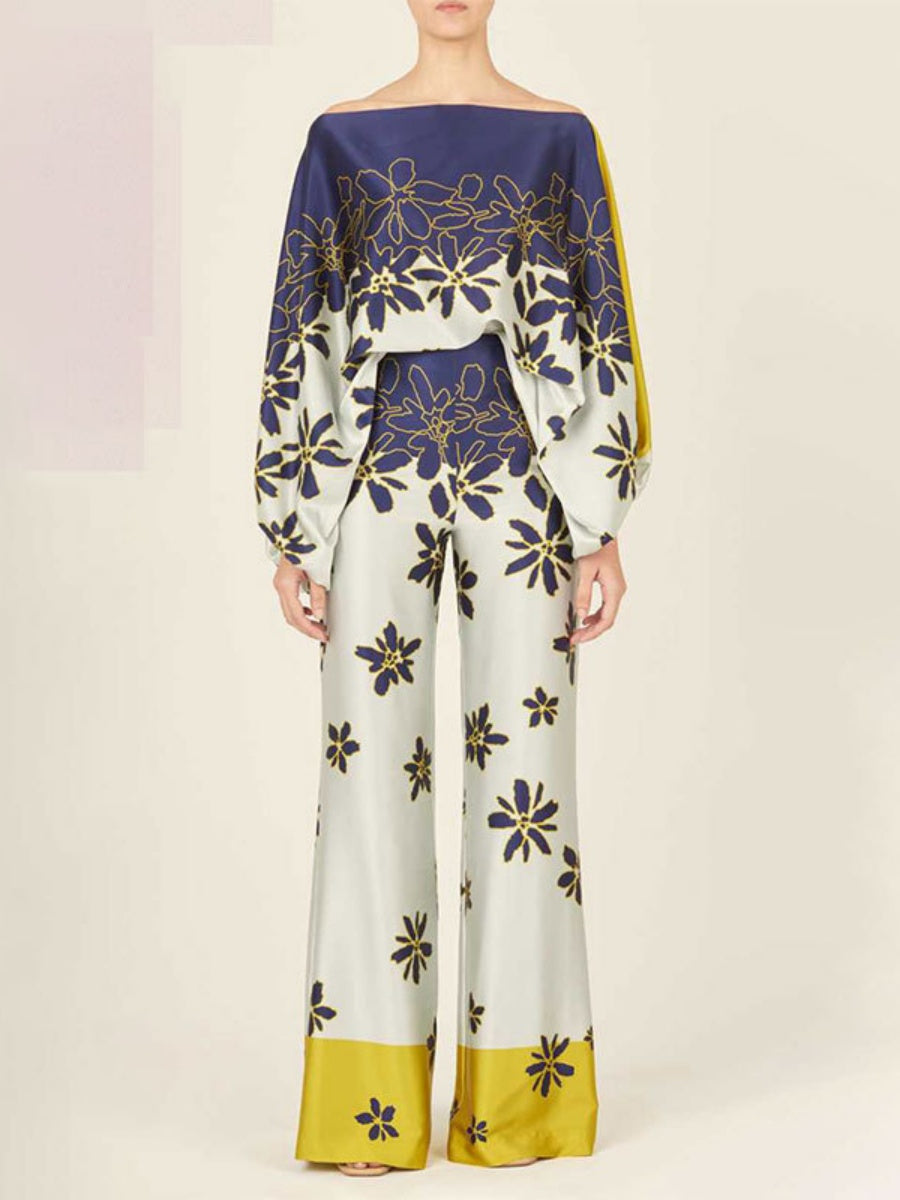 Printed Off-shoulder Batwing Sleeves Jacket Wide-leg Pants Set 2-piece Sets