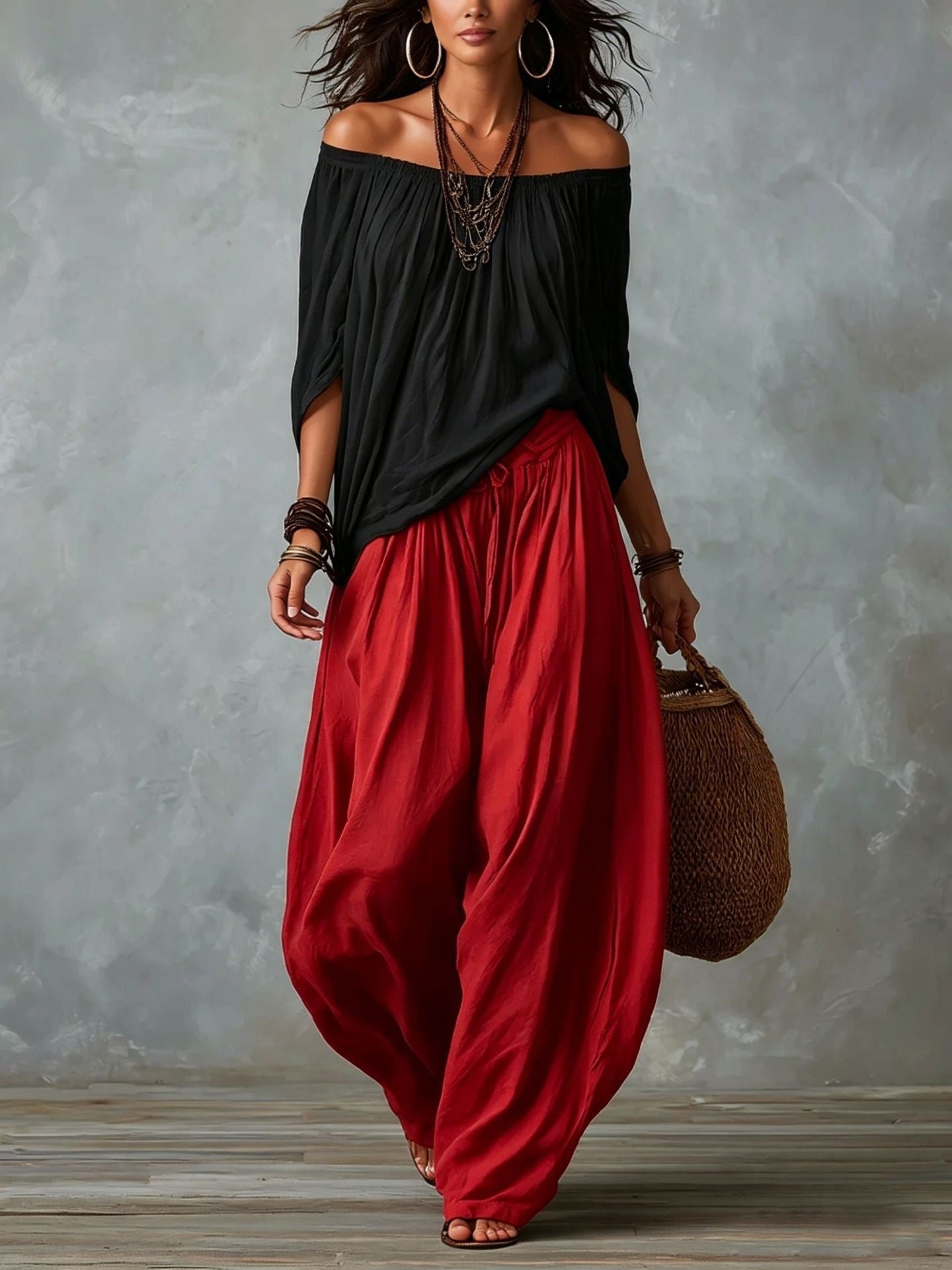 Off-the-shoulder T-shirt And Wide-leg Pants Two-piece Set
