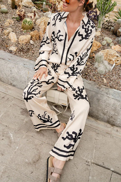 Margovil Coral Reef Print Long Sleeves Blouse Shirt Wide Leg Pants Satin Set