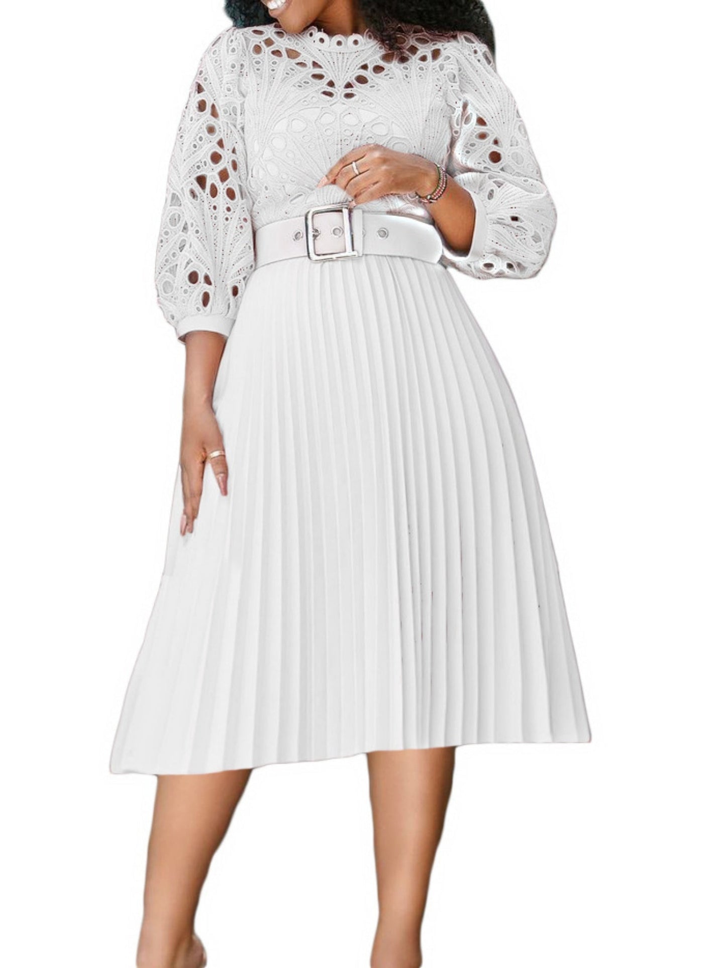 Lace Cutout Lace Patchwork With Belt Long Sleeves Midi Dresses