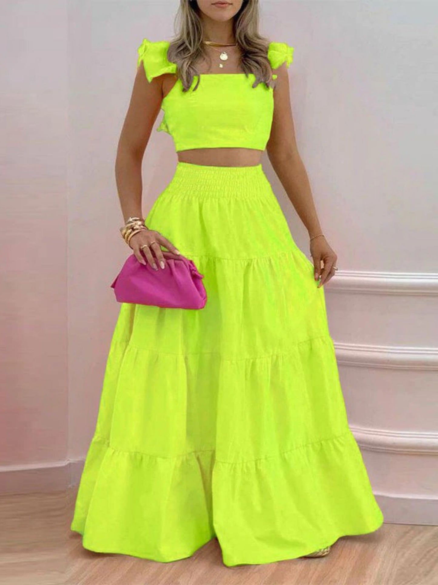 Tank Top Pleated Multi-layered Midi Skirt 2-piece Sets