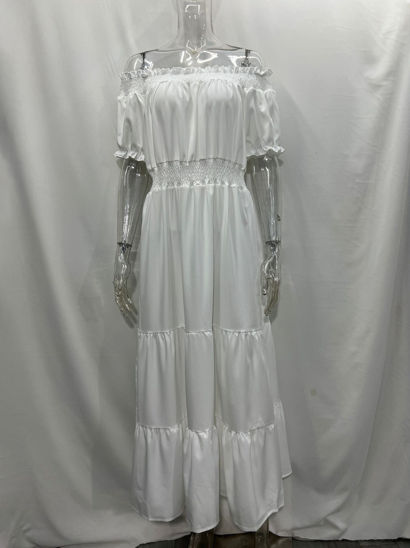 Off Shoulder Smocked Maxi Dress For Women - Boho Tiered A-Line Beach Gown with Puffy Sleeves - Summer Vacation 2026