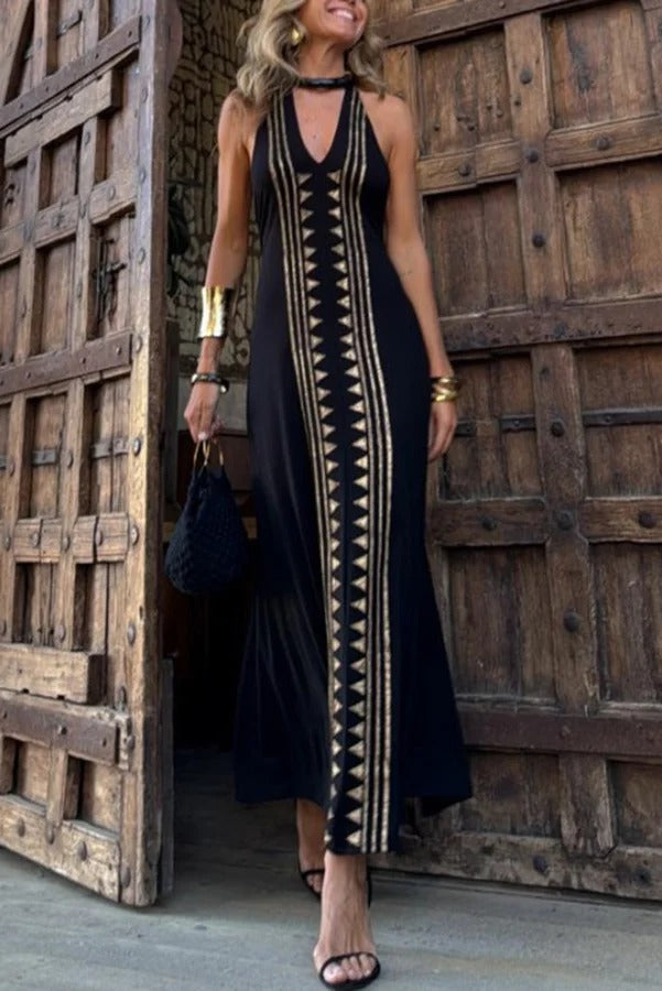Metallic Triangle Foil Print Halter V-Neck Backless Column Maxi Dress