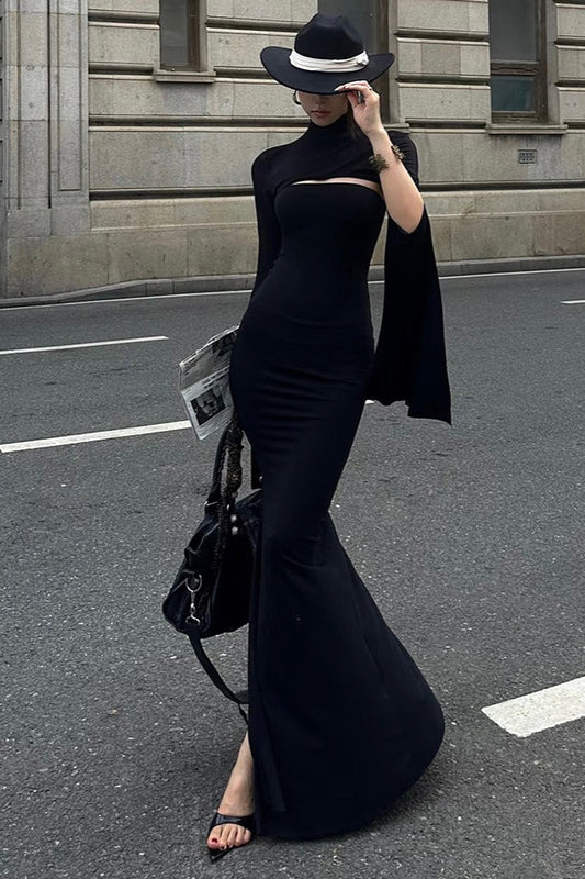 | Solid Slim Asymmetric Long-Sleeve Maxi Dress