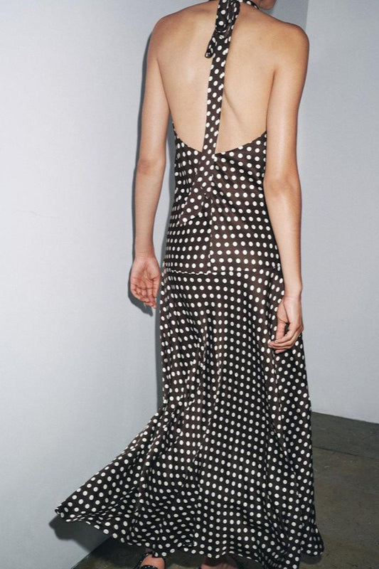Polka Dot Halter Neck Deep V-Neck Column Maxi Dress