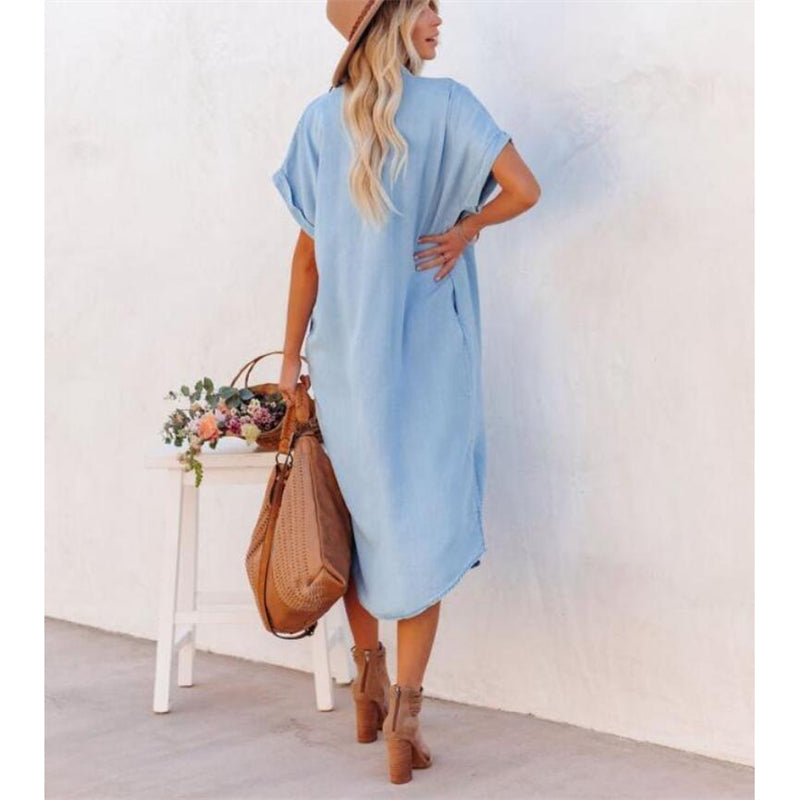 Denim Short Sleeve Maxi Dress in Blue for Stylish Comfort