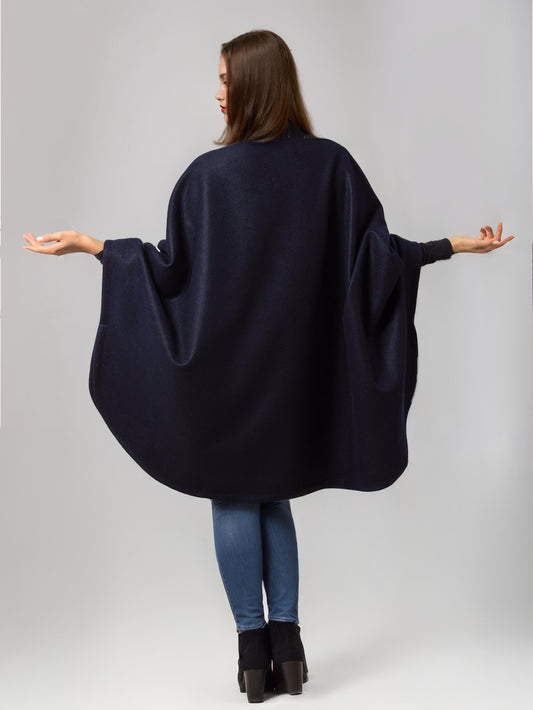 Wool Blend Cape Coat Dark Navy Lapel Oversized Poncho Winter Outerwear For Women 2026