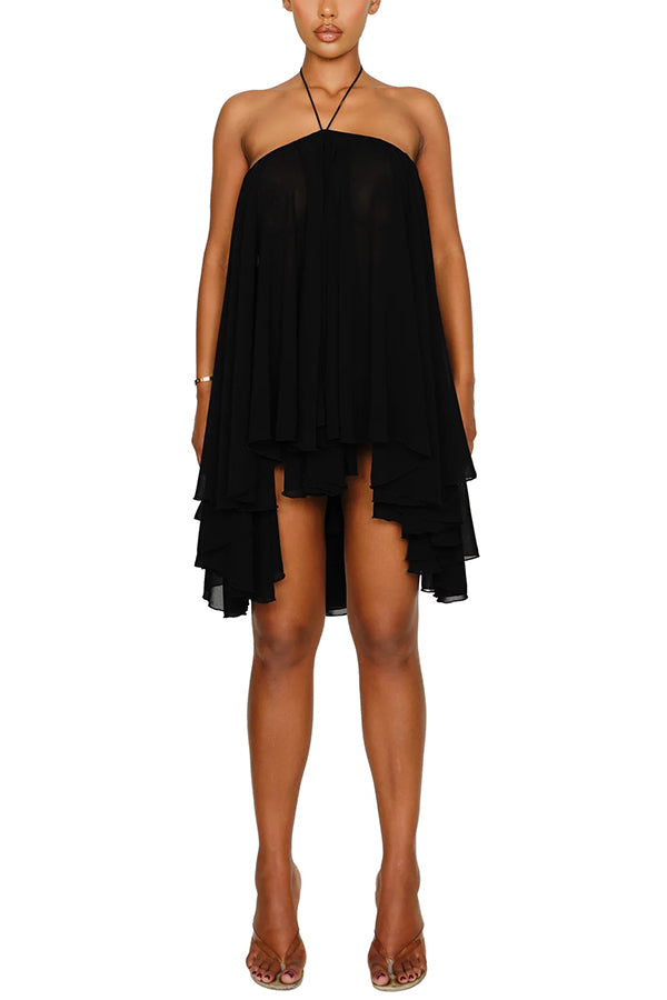 Chiffon Solid Color Halter Backless Irregular Mini Dress