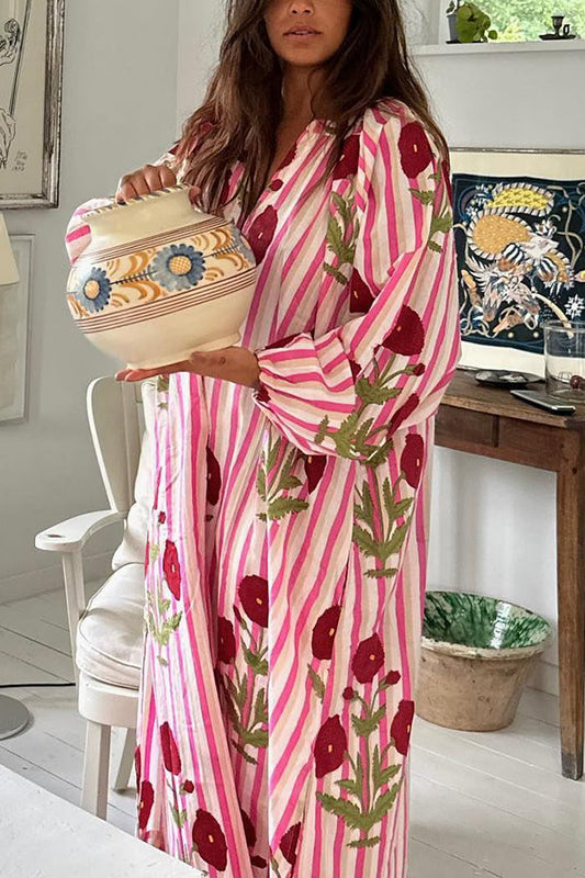 Lara Linen Blend Floral Stripe Print Button Up Belt Pocketed Kaftan Midi Dress