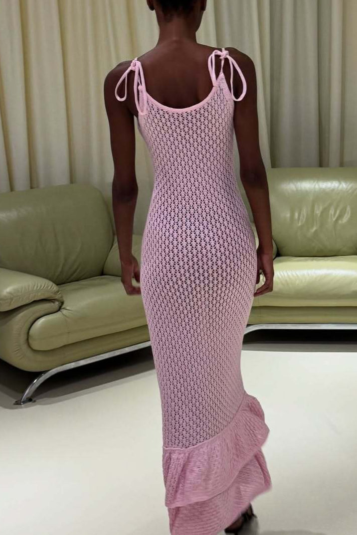 | Ruffle Knit Cutout Sheer Cami Maxi Dress