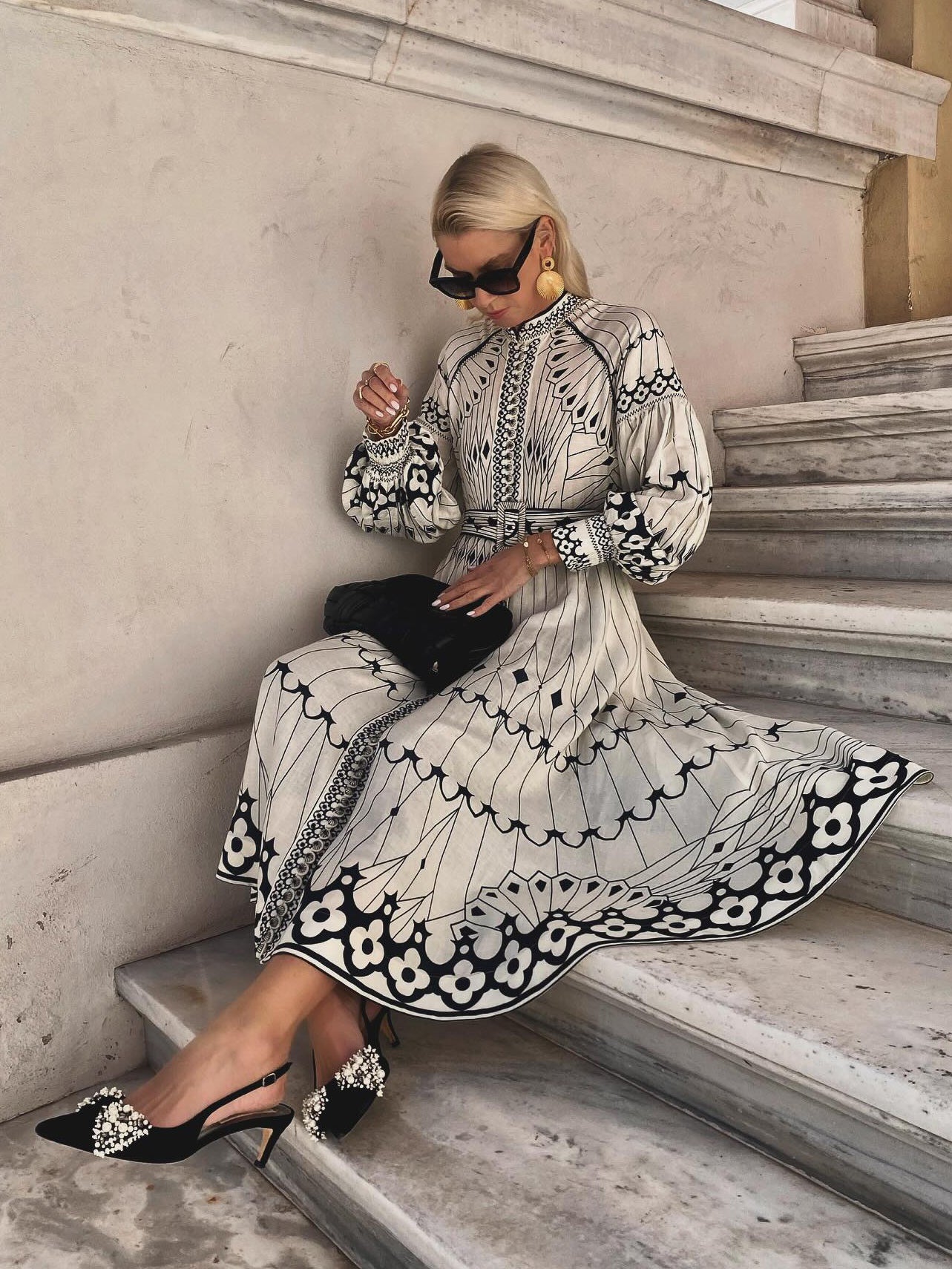 Shirt Dresses Printed Long Sleeves Round Neck Casual Midi Dress