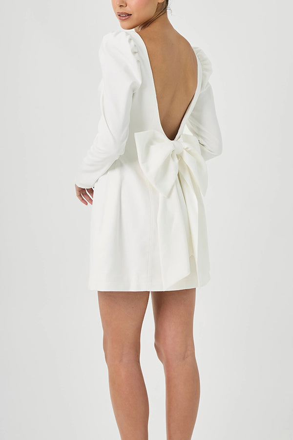 Women's party dress fluffy shoulder long sleeved back bow detail mini dress