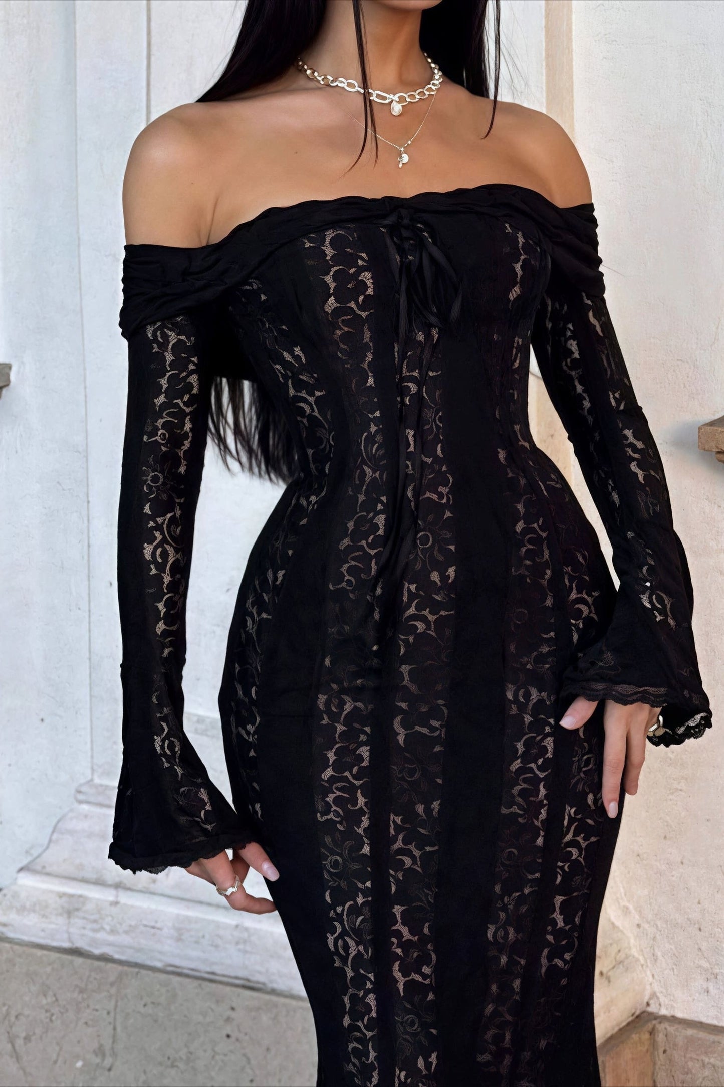 | Off Shoulder Lace Flare Sleeve Fitted Maxi Dress