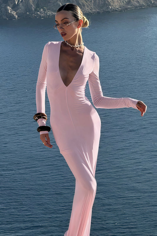 | Deep V-Neck Long Sleeve Bodycon Maxi Dress
