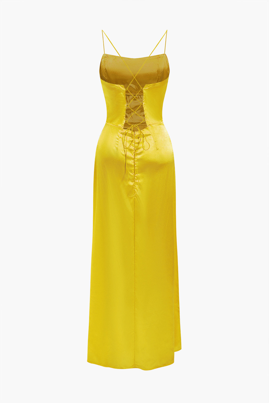 Cowl Neck Corset Bodice Spaghetti Strap Satin High Slit Maxi Dress